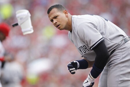 CINCINNATI, OH - JUNE 22: Alex Rodriguez #13 of the New York Yankees tosses an elbow pad after striking out against the Cincinnati Reds during the second game of a doubleheader at Great American Ball Park on June 22, 2011 in Cincinnati, Ohio. <br /><br /><span class="help">(Photo by Joe Robbins/Getty Images)</span>