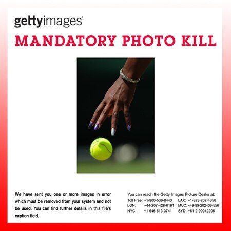 **MANDATORY KILL**
ATTENTION EDITOR'S: The following image was sent to you in error, please do not use and delete from your systems.
Apologies for any inconvenience.


GYI0065285050.jpg

LONDON, ENGLAND - JUNE 23:  The hand of Serena Williams of the United States as she serves during her second round match against Simona Halep of Romania on Day Four of the Wimbledon Lawn Tennis Championships at the All England Lawn Tennis and Croquet Club on June 23, 2011 in London, England.  <br /><br /><span class="help">(Photo by Clive Brunskill/Getty Images)</span>