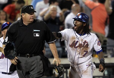 NEW YORK, NY - JULY 01:  Jose Reyes #7 of the New York Mets reacts after being called out at third by home plate umpire Jerry Layne #24 during the game against the New York Yankees at Citi Field on July 1, 2011 in the Flushing neighborhood of the Queens borough of New York City.  <br /><br /><span class="help">(Photo by Nick Laham/Getty Images)</span>