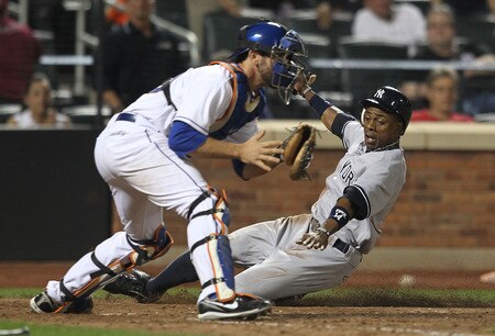 NEW YORK, NY - JULY 01:  Curtis Granderson #14 of the New York Yankees slides safely into home under the tag of catcher Josh Thole #30 of the New York Mets on an Alex Rodriguez double at Citi Field on July 1, 2011 in the Flushing neighborhood of the Queens borough of New York City.  <br /><br /><span class="help">(Photo by Nick Laham/Getty Images)</span>