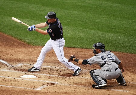 NEW YORK, NY - JULY 03:  Daniel Murphy #28 of the New York Mets hits a double and drives in a run against the New York Yankees in the first inning during their game on July 3, 2011 at Citi Field in the Flushing neighborhood of the Queens borough of New York City.  <br /><br /><span class="help">(Photo by Al Bello/Getty Images)</span>