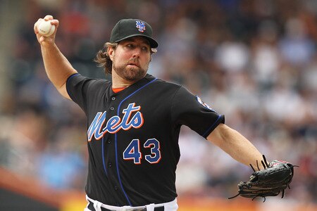NEW YORK, NY - JULY 03:  R.A. Dickey #43 of the New York Mets pitches against the New York Yankees during their game on July 3, 2011 at Citi Field in the Flushing neighborhood of the Queens borough of New York City.  <br /><br /><span class="help">(Photo by Al Bello/Getty Images)</span>