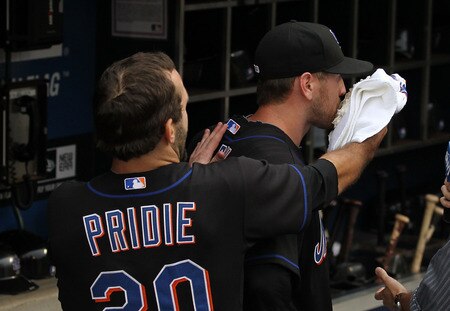 NEW YORK, NY - JULY 03:  Jason Bay #44 of the New York Mets gets a pie in the face by Jason Pridie #20 after hitting a walk off game winning single in the tenth inning against the New York Yankees on July 3, 2011 at Citi Field in the Flushing neighborhood of the Queens borough of New York City.  <br /><br /><span class="help">(Photo by Al Bello/Getty Images)</span>