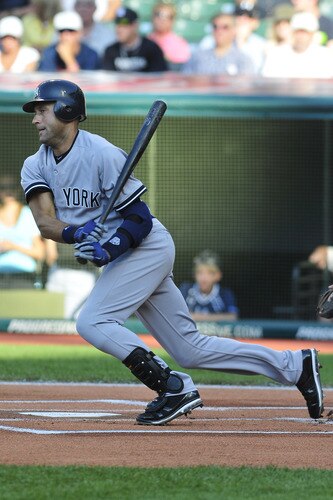 CLEVELAND, OH - JULY 4: Derek Jeter #2 of the New York Yankees his a single during the first inning against the Cleveland Indians at Progressive Field on July 4, 2011 in Cleveland, Ohio. <br /><br /><span class="help">(Photo by Jason Miller/Getty Images)</span>