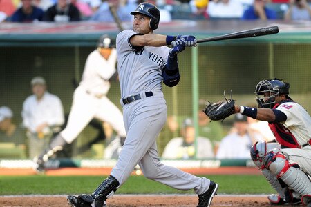 CLEVELAND, OH - JULY 4: Derek Jeter #2 of the New York Yankees flies out to center field during the third inning against the Cleveland Indians at Progressive Field on July 4, 2011 in Cleveland, Ohio. <br /><br /><span class="help">(Photo by Jason Miller/Getty Images)</span>