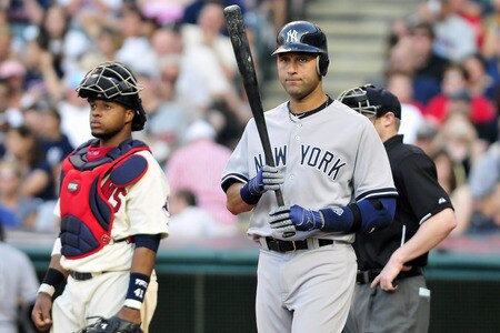 CLEVELAND, OH - JULY 4: Derek Jeter #2 of the New York Yankees at bat during the sixth inning against the Cleveland Indians at Progressive Field on July 4, 2011 in Cleveland, Ohio. <br /><br /><span class="help">(Photo by Jason Miller/Getty Images)</span>