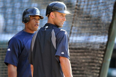 CLEVELAND, OH - JULY 5: Robinson Cano #24 (L) and Derek Jeter #2 of the New York Yankees take batting practice prior to the game against the Cleveland Indians at Progressive Field on July 5, 2011 in Cleveland, Ohio. <br /><br /><span class="help">(Photo by Jason Miller/Getty Images)</span>