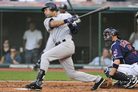 CLEVELAND, OH - JULY 5: Derek Jeter #2 of the New York Yankees hits a two-run RBI during the second inning against the Cleveland Indians at Progressive Field on July 5, 2011 in Cleveland, Ohio. <br /><br /><span class="help">(Photo by Jason Miller/Getty Images)</span>
