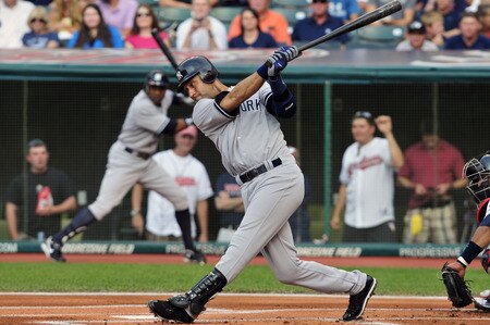 CLEVELAND, OH - JULY 6: Derek Jeter #2 of the New York Yankees strikes out swinging during the first inning against the Cleveland Indians at Progressive Field on July 6, 2011 in Cleveland, Ohio. <br /><br /><span class="help">(Photo by Jason Miller/Getty Images)</span>