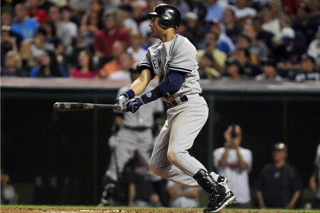 CLEVELAND, OH - JULY 6: Derek Jeter #2 of the New York Yankees hits a double during the eighth inning against the Cleveland Indians at Progressive Field on July 6, 2011 in Cleveland, Ohio. <br /><br /><span class="help">(Photo by Jason Miller/Getty Images)</span>
