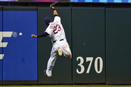 CLEVELAND, OH - JULY 6: Michael Brantley #23 of the Cleveland Indians misses the catch on an RBI hit from Nick Swisher #33 (not shown) of the New York Yankees during the ninth inning at Progressive Field on July 6, 2011 in Cleveland, Ohio. <br /><br /><span class="help">(Photo by Jason Miller/Getty Images)</span>