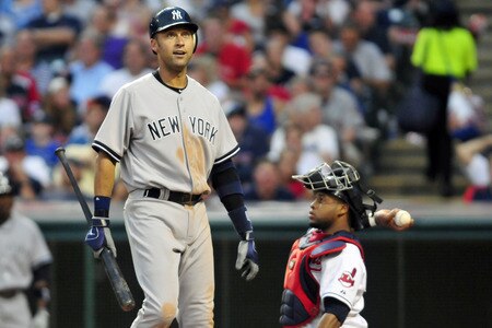 CLEVELAND, OH - JULY 6: Derek Jeter #2 of the New York Yankees reacts while at bat during the sixth inning against the Cleveland Indians at Progressive Field on July 6, 2011 in Cleveland, Ohio. The Indians defeated the Yankees 5-3 to take the series 2-1. <br /><br /><span class="help">(Photo by Jason Miller/Getty Images)</span>