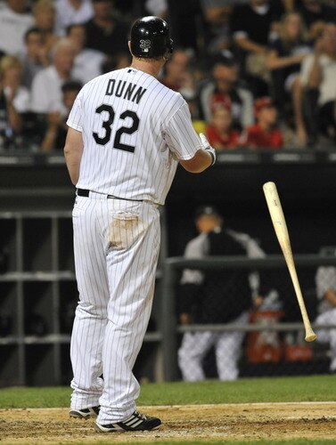 CHICAGO, IL - AUGUST 01:  Adam Dunn #32 of the Chicago White Sox strikes out in the eighth inning against the New York Yankees on August 1, 2011 at U.S. Cellular Field in Chicago, Illinois. The Yankees defeated the White Sox 3-2.  <br /><br /><span class="help">(Photo by David Banks/Getty Images)</span>