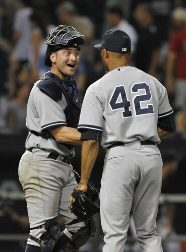 CHICAGO, IL - AUGUST 01:  Mariano Rivera #42 of the New York Yankees and Francisco Cervelli #17 celebrate the Yankees 3-2 victory against the Chicago White Sox on August 1, 2011 at U.S. Cellular Field in Chicago, Illinois.  <br /><br /><span class="help">(Photo by David Banks/Getty Images)</span>
