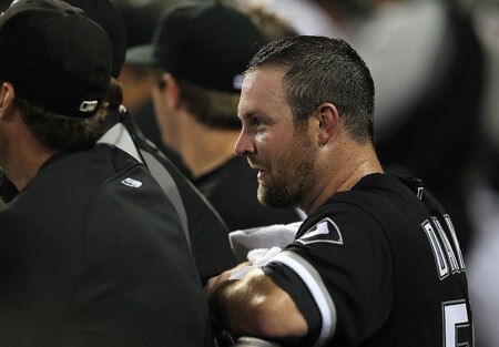 CHICAGO, IL - AUGUST 02:  Starting pitcher John Danks #50 of the Chicago White Sox watches from the dugout after being removed from a game against the New York Yankees at U.S. Cellular Field on August 2, 2011 in Chicago, Illinois.  <br /><br /><span class="help">(Photo by Jonathan Daniel/Getty Images)</span>