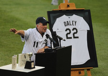 CHICAGO, IL - AUGUST 03: Former Chicago Mayor Richard M. Daley speaks to the crowd during a ceremony honoring his 22 years as mayor before the New York Yankees take on the Chicago White Sox at U.S. Cellular Field on August 3, 2011 in Chicago, Illinois. <br /><br /><span class="help">(Photo by Jonathan Daniel/Getty Images)</span>