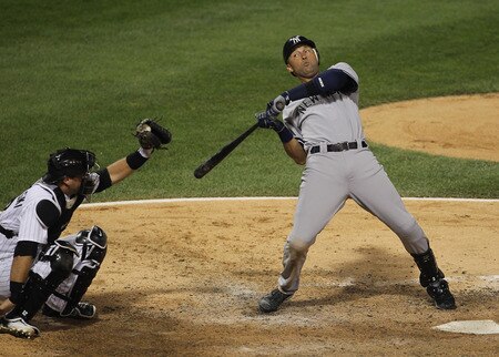 CHICAGO, IL - AUGUST 03: Derek Jeter #2 of the New York Yankees ducks away from an inside pitch as A.J. Pierzynski #12 of the Chicago White Sox gloves the ball at U.S. Cellular Field on August 3, 2011 in Chicago, Illinois. <br /><br /><span class="help">(Photo by Jonathan Daniel/Getty Images)</span>