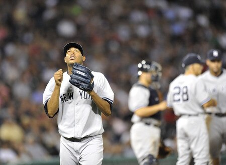 CHICAGO, IL - AUGUST 04:  Starting pitcher Ivan Nova #47 of the New York Yankees looks up to the sky after he was taken out of the game during the eight inning against the Chicago White Sox at U.S. Cellular Field on August 4, 2011 in Chicago, Illinois. The Yankees won 7-2.  <br /><br /><span class="help">(Photo by Brian Kersey/Getty Images)</span>