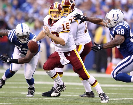 INDIANAPOLIS, IN - AUGUST 19:  John Beck #3 of the Washington Redskins runs with the ball during the game against Indianapolis Colts at Lucas Oil Stadium on August 19, 2011 in Indianapolis, Indiana.  <br /><br /><span class="help">(Photo by Andy Lyons/Getty Images)</span>