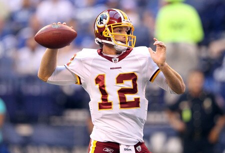 INDIANAPOLIS, IN - AUGUST 19:  John Beck #3 of the Washington Redskins throws a pass during the game against Indianapolis Colts at Lucas Oil Stadium on August 19, 2011 in Indianapolis, Indiana.  <br /><br /><span class="help">(Photo by Andy Lyons/Getty Images)</span>