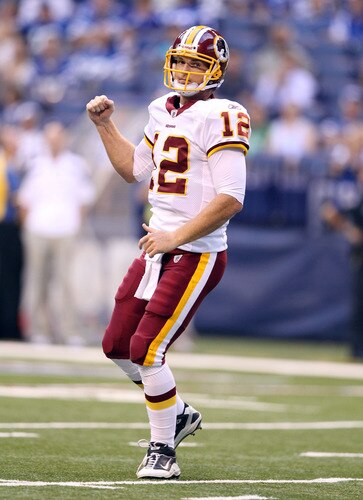 INDIANAPOLIS, IN - AUGUST 19:  John Beck #3 of the Washington Redskins celebrates a touchdown during the game against Indianapolis Colts at Lucas Oil Stadium on August 19, 2011 in Indianapolis, Indiana.  <br /><br /><span class="help">(Photo by Andy Lyons/Getty Images)</span>