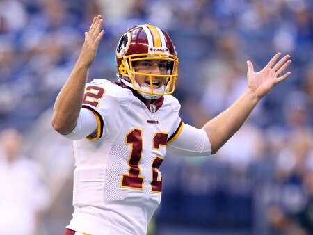 INDIANAPOLIS, IN - AUGUST 19:  John Beck #3 of the Washington Redskins celebrates a touchdown during the game against Indianapolis Colts at Lucas Oil Stadium on August 19, 2011 in Indianapolis, Indiana.  <br /><br /><span class="help">(Photo by Andy Lyons/Getty Images)</span>