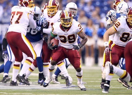INDIANAPOLIS, IN - AUGUST 19:  Tim Hightower #39 of the Washington Redskins runs with the ball during the game against Indianapolis Colts at Lucas Oil Stadium on August 19, 2011 in Indianapolis, Indiana.  <br /><br /><span class="help">(Photo by Andy Lyons/Getty Images)</span>