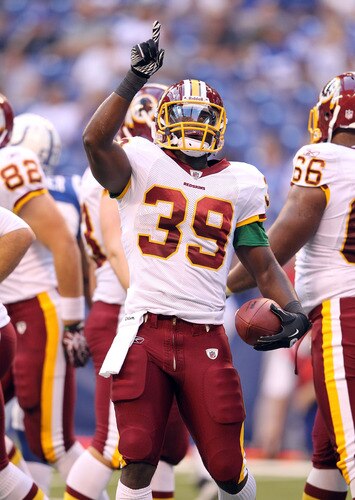 INDIANAPOLIS, IN - AUGUST 19:  Tim Hightower #39 of the Washington Redskins celebrates after scoring a touchdown during the game against Indianapolis Colts at Lucas Oil Stadium on August 19, 2011 in Indianapolis, Indiana.  <br /><br /><span class="help">(Photo by Andy Lyons/Getty Images)</span>