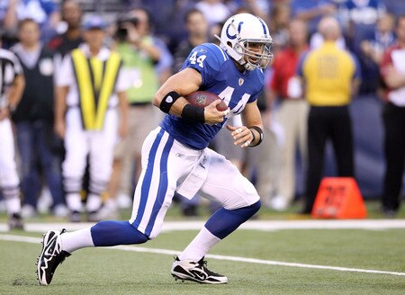 INDIANAPOLIS, IN - AUGUST 19: Dallas Clark #44 of the Indianapolis Colts runs with the ball during the game against the Washington Redskins at Lucas Oil Stadium on August 19, 2011 in Indianapolis, Indiana.  <br /><br /><span class="help">(Photo by Andy Lyons/Getty Images)</span>