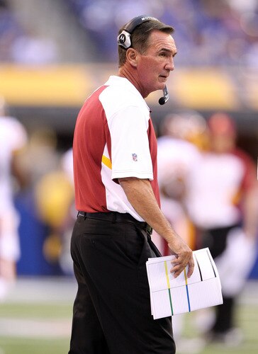 INDIANAPOLIS, IN - AUGUST 19: Mike Shanahan the Head Coach of the Washington Redskins watches the action during the game against Indianapolis Colts at Lucas Oil Stadium on August 19, 2011 in Indianapolis, Indiana.  <br /><br /><span class="help">(Photo by Andy Lyons/Getty Images)</span>