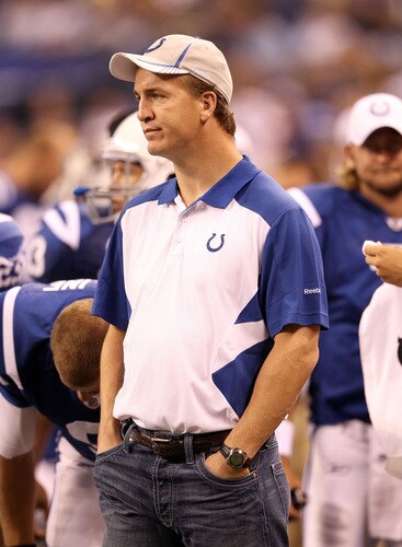 INDIANAPOLIS, IN - AUGUST 19: Peyton Manning of the Indianapolis Colts watches the action during the game against the Washington Redskins at Lucas Oil Stadium on August 19, 2011 in Indianapolis, Indiana.  <br /><br /><span class="help">(Photo by Andy Lyons/Getty Images)</span>