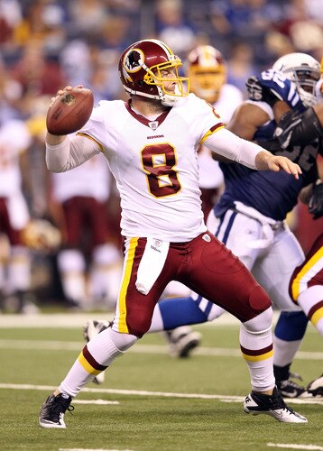 INDIANAPOLIS, IN - AUGUST 19:  Rex Grossman #8 of the Washington Redskins throws a pass during the game against Indianapolis Colts at Lucas Oil Stadium on August 19, 2011 in Indianapolis, Indiana.  <br /><br /><span class="help">(Photo by Andy Lyons/Getty Images)</span>