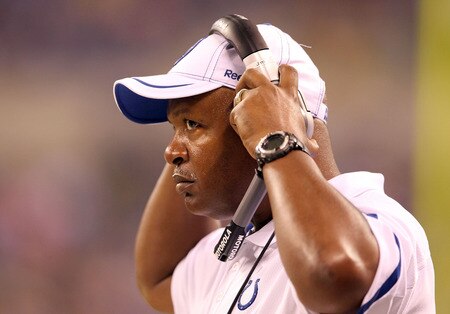 INDIANAPOLIS, IN - AUGUST 19:  Jim Caldwell the Head Coach of the Indianapolis Colts watches the action during the game against the Washington Redskins at Lucas Oil Stadium on August 19, 2011 in Indianapolis, Indiana.  <br /><br /><span class="help">(Photo by Andy Lyons/Getty Images)</span>