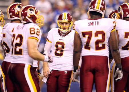 INDIANAPOLIS, IN - AUGUST 19:  Rex Grossman #8 of the Washington Redskins calls a play in the huddle during the game against Indianapolis Colts at Lucas Oil Stadium on August 19, 2011 in Indianapolis, Indiana.  <br /><br /><span class="help">(Photo by Andy Lyons/Getty Images)</span>