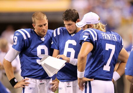 INDIANAPOLIS, IN - AUGUST 19:  Mike Hartline #9, Dan Orlovsky#6  and Curtis Painter #7 of the Indianapolis Colts look at play sheets during the game against the Washington Redskins at Lucas Oil Stadium on August 19, 2011 in Indianapolis, Indiana.  <br /><br /><span class="help">(Photo by Andy Lyons/Getty Images)</span>