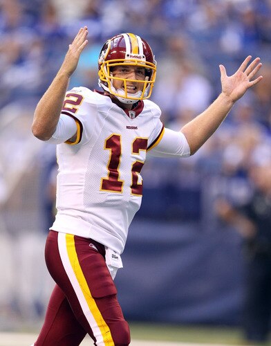 INDIANAPOLIS, IN - AUGUST 19:  John Beck #12 of the Washington Redskins celebrates a touchdown during the game against Indianapolis Colts at Lucas Oil Stadium on August 19, 2011 in Indianapolis, Indiana.  <br /><br /><span class="help">(Photo by Andy Lyons/Getty Images)</span>