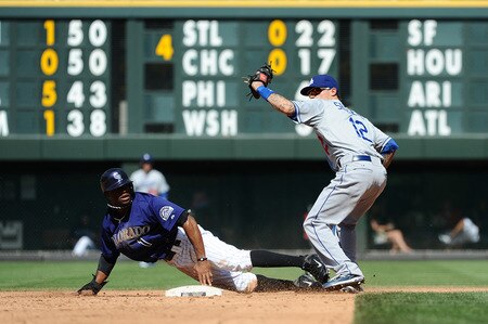 DENVER, CO - AUGUST 20:  Eric Young, Jr. #1 of the Colorado Rockies steals second base against Justin Sellers #12 of the Los Angeles Dodgers during the game at Coors Field on August 20, 2011 in Denver, Colorado.  <br /><br /><span class="help">(Photo by Garrett W. Ellwood/Getty Images)</span>