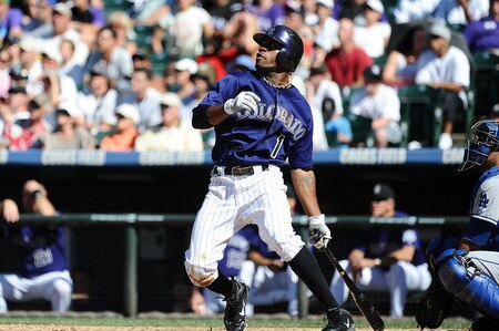 DENVER, CO - AUGUST 20:  Eric Young, Jr. #1 of the Colorado Rockies hits a triple against the Los Angeles Dodgers during the game at Coors Field on August 20, 2011 in Denver, Colorado.  <br /><br /><span class="help">(Photo by Garrett W. Ellwood/Getty Images)</span>