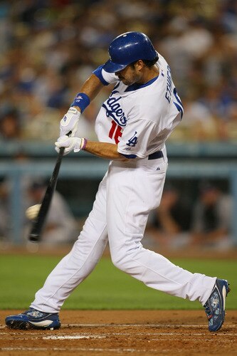 LOS ANGELES, CA - AUGUST 26:  Andre Ethier #16 of the Los Angeles Dodgers hits into a ground out in the second inning against the Colorado Rockies during the MLB game at Dodger Stadium on August 26, 2011 in Los Angeles, California.  <br /><br /><span class="help">(Photo by Victor Decolongon/Getty Images)</span>