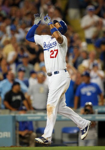 LOS ANGELES, CA - AUGUST 26:  Matt Kemp #27 of the Los Angeles Dodgers celebrates en route to home plate after hitting a solo home run against the Colorado Rockies in the seventh inning  during the MLB game at Dodger Stadium on August 26, 2011 in Los Angeles, California.  <br /><br /><span class="help">(Photo by Victor Decolongon/Getty Images)</span>