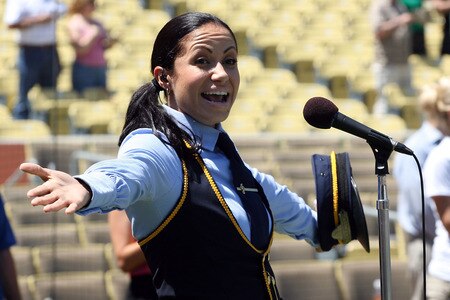 LOS ANGELES, CA - AUGUST 27:  Genevieve Goings of Disney Junior’s Choo Choo Soul sings the National Anthem before the game between the Colorado Rockies and the Los Angeles Dodgers at Dodger Stadium on August 27, 2011 in Los Angeles, California.  <br /><br /><span class="help">(Photo by Jeff Golden/Getty Images)</span>