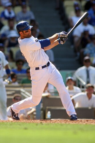 LOS ANGELES, CA - AUGUST 27:  Casey Blake #23 of the Los Angeles Dodgers hits a two RBI double against the Colorado Rockies to tie the game in the sixth inning at Dodger Stadium on August 27, 2011 in Los Angeles, California.  <br /><br /><span class="help">(Photo by Jeff Golden/Getty Images)</span>