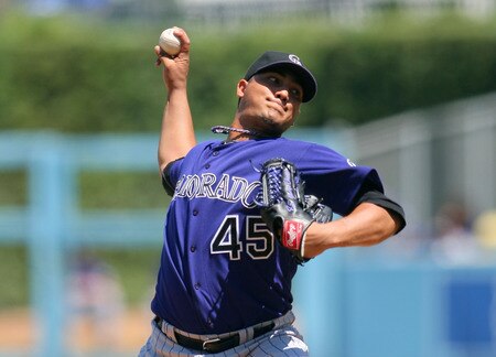 LOS ANGELES, CA - AUGUST 28:  Pitcher Jhoulys Chacin #45 of the Colorado Rockies pitches in the first inning during the MLB game against the Los Angeles Dodgers at Dodger Stadium on August 28, 2011 in Los Angeles, California.  <br /><br /><span class="help">(Photo by Victor Decolongon/Getty Images)</span>