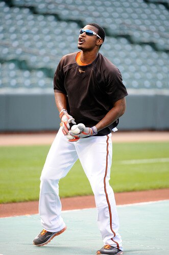 BALTIMORE, MD - AUGUST 29:  Adam Jones #10 of the Baltimore Orioles warms up before the game agianst the New York Yankees at Oriole Park at Camden Yards on August 29, 2011 in Baltimore, Maryland.  <br /><br /><span class="help">(Photo by Greg Fiume/Getty Images)</span>