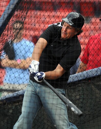 BOSTON, MA - SEPTEMBER 1: Golfer Phil Mickelson takes in some batting practice prior to the Boston Red Sox/New York Yankees game at Fenway Park on September 1, 2011 in Boston, Massachusetts. <br /><br /><span class="help">(Photo by Darren McCollester/Getty Images)</span>