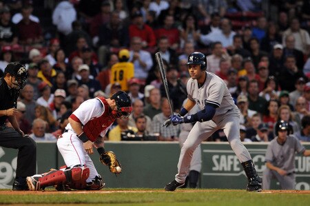 BOSTON, MA - SEPTEMBER 1:  Derek Jeter  #2 of the New York Yankees takes a pitch in the first inning as catcher Jarrod Saltalamacchia of the Boston Red Sox stops it at Fenway Park on September 1, 2011 in Boston, Massachusetts. <br /><br /><span class="help">(Photo by Darren McCollester/Getty Images)</span>