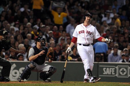 BOSTON, MA - SEPTEMBER 1: Jarrod Saltalamacchia #39 of the Boston Red Sox takes a strike in the first inning as catcher Russell Martin #55 of the New York Yankees throws back the ball at Fenway Park on September 1, 2011 in Boston, Massachusetts. <br /><br /><span class="help">(Photo by Darren McCollester/Getty Images)</span>