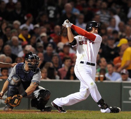 BOSTON, MA - SEPTEMBER 1:  Jacoby Ellsbury # 2 of the Boston Red Sox swings at a pitch in the third inning as catcher Russell Martin #55 of the New York Yankees looks on at Fenway Park on September 1, 2011 in Boston, Massachusetts. <br /><br /><span class="help">(Photo by Darren McCollester/Getty Images)</span>