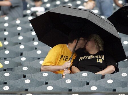 PITTSBURGH, PA - SEPTEMBER 05:  Pirate fans wait out the rain delay before the start of play between the Pittsburgh Pirates and the Houston Astros on September 5, 2011 at PNC Park in Pittsburgh, Pennsylvania.  <br /><br /><span class="help">(Photo by Justin K. Aller/Getty Images)</span>