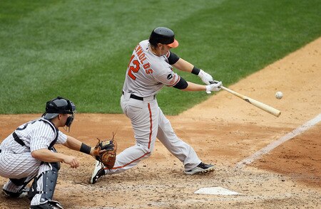 NEW YORK, NY - SEPTEMBER 05:  Mark Reynolds #12 of the Baltimore Orioles connects on a third inning two run home run against the New York Yankees on September 5, 2011 at Yankee Stadium in the Bronx borough of New York City.  <br /><br /><span class="help">(Photo by Jim McIsaac/Getty Images)</span>